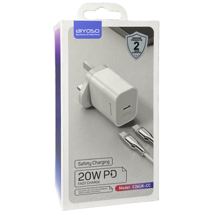 Сетевая Type-C зарядка Biyoso C26UK-CC + кабель Type-C (UK) (20W) (white)